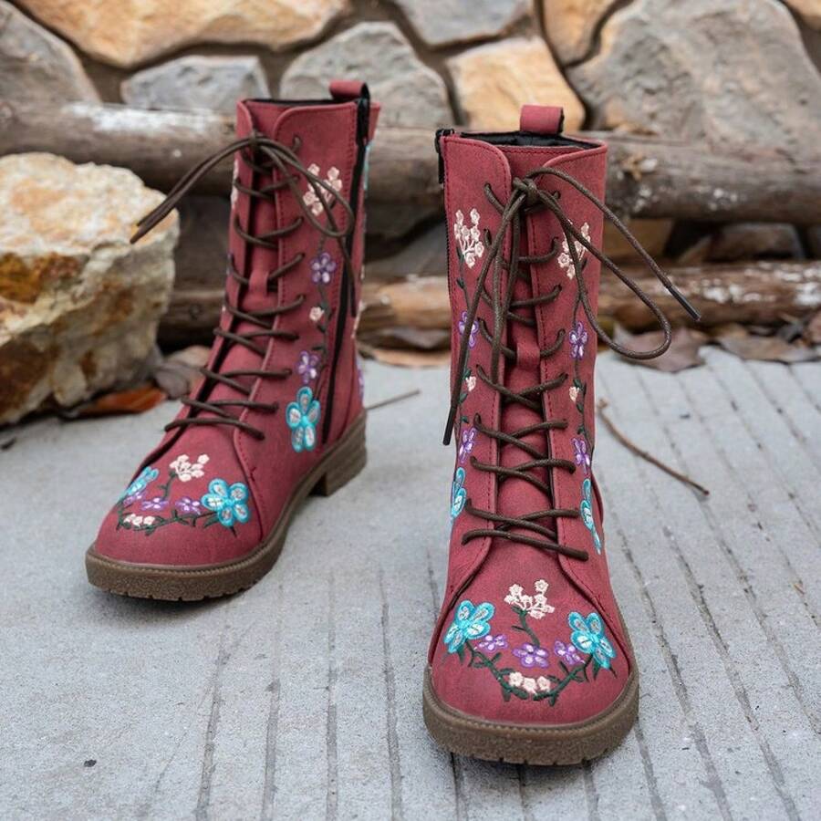Side view of Stylish Plus-Size Mid-Calf Lace-Up Boots for Women - Autumn & Winter Fashion for punk motorcycle boot styling