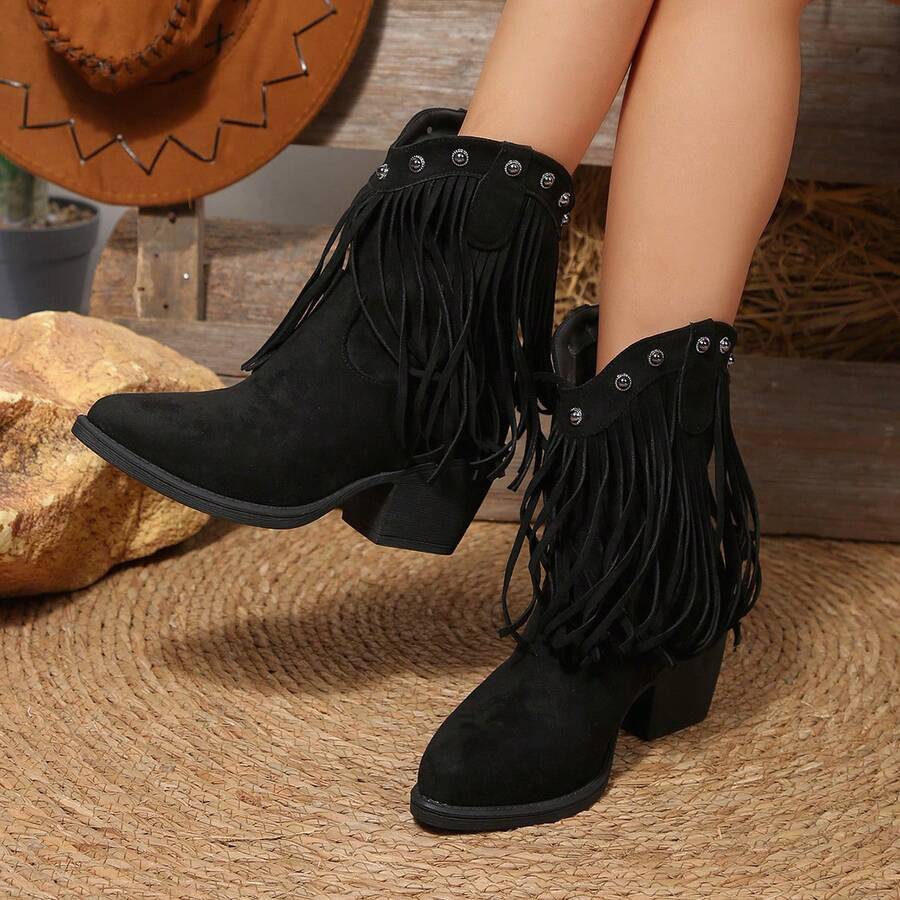 Front view of Stylish Winter Pointed Toe Suede Ankle Boots with Tassel for Women - Chunky Mid-Heel Design for punk motorcycle boot styling