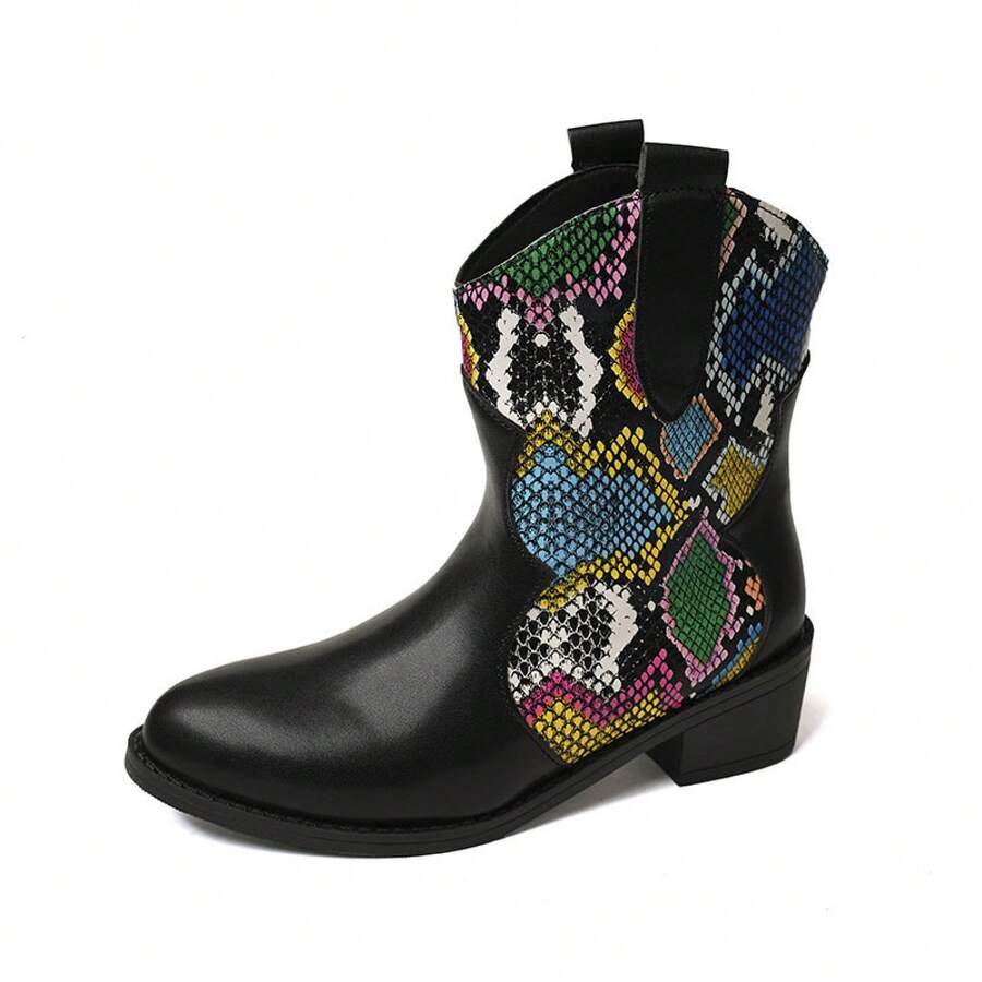 Front view of Trendy Plus Size Pointed Toe Chunky Heeled Retro Short Boots for Women - Versatile Color Blocked Chinese Style for punk motorcycle boot styling