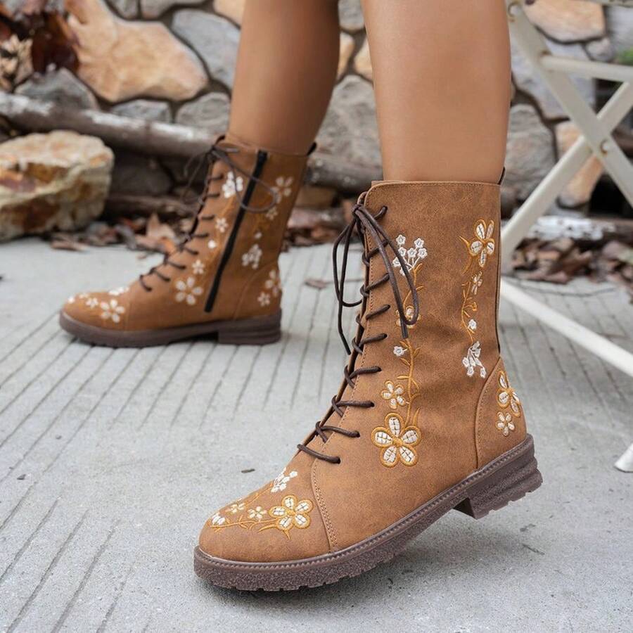 Ruched shaft view of Stylish Plus-Size Mid-Calf Lace-Up Boots for Women - Autumn & Winter Fashion for punk motorcycle boot styling