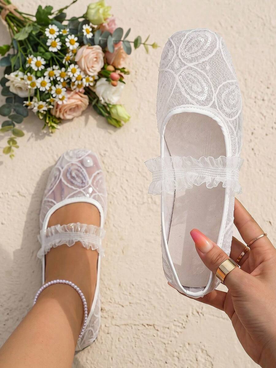 mesh sequin Mary Jane ballet flats image 15 showing visible shoe design, texture, strap, heel or flat sole details