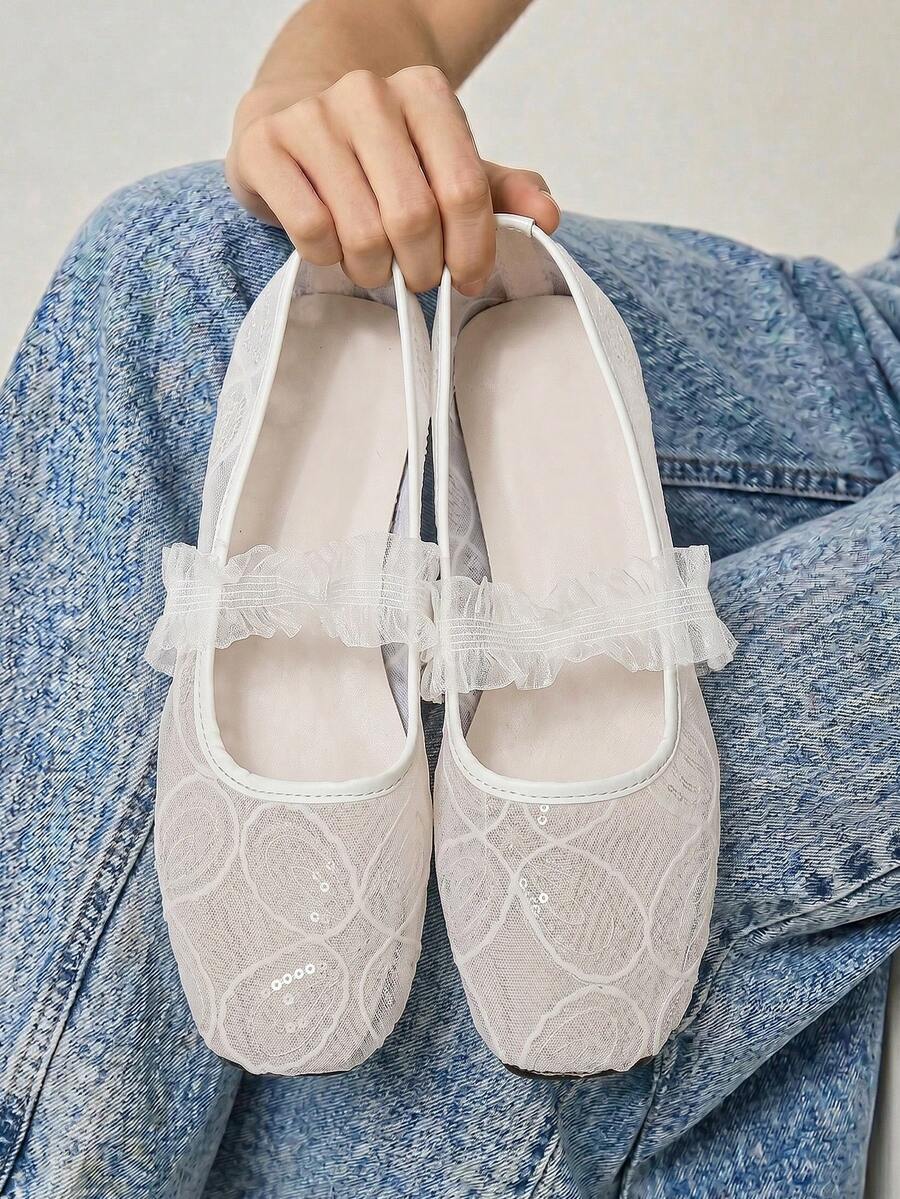 mesh sequin Mary Jane ballet flats image 17 showing visible shoe design, texture, strap, heel or flat sole details