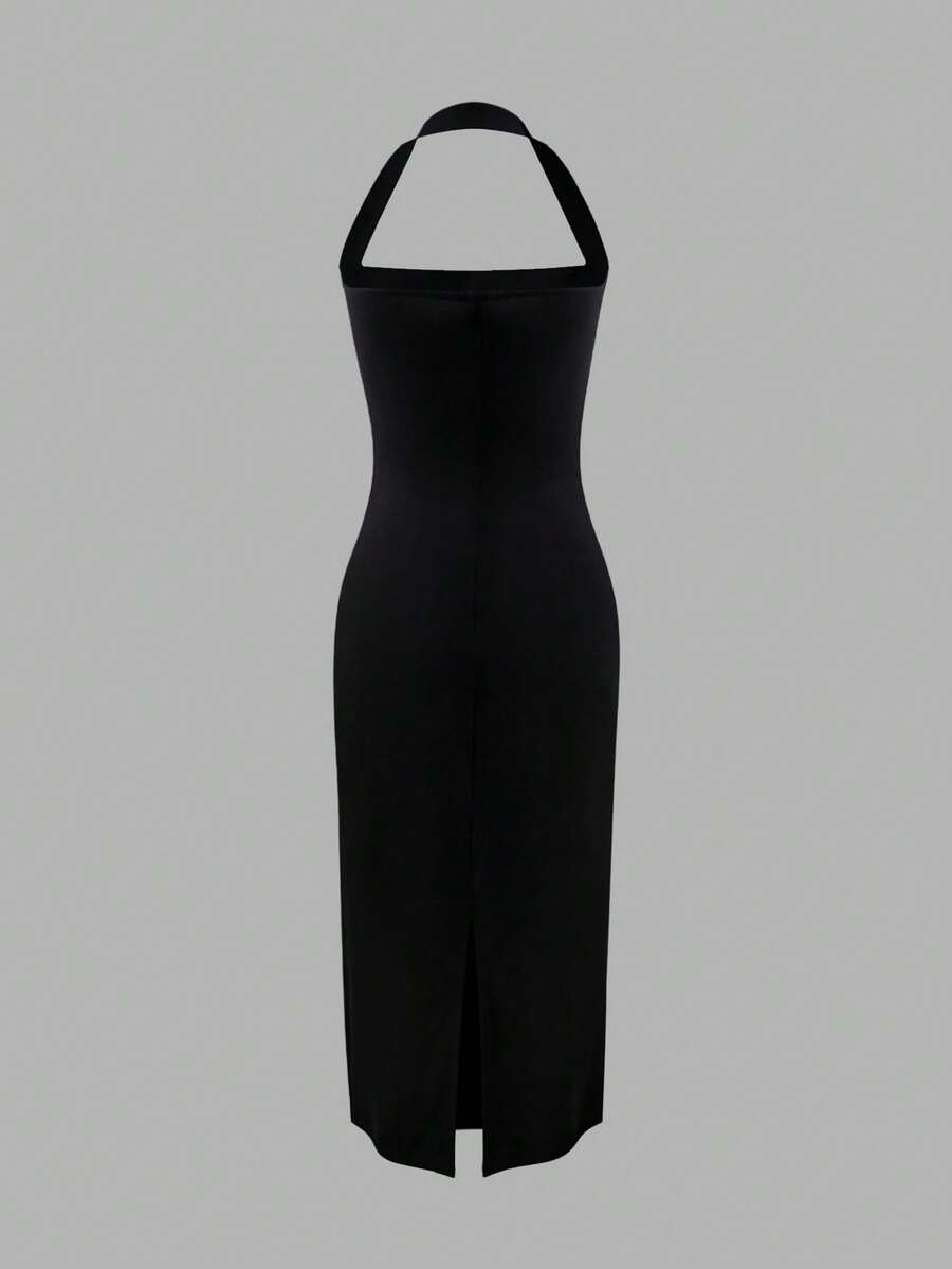 Black fitted midi dress side view