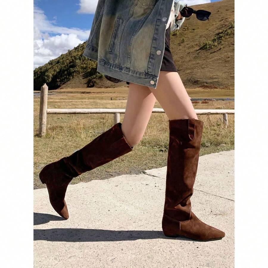 Color option view of Women’s Slouchy Rider Boots - Low Heel, Wide Calf, Slim Fitting Knee-High Casual Boots for Comfort and Style for punk motorcycle boot styling