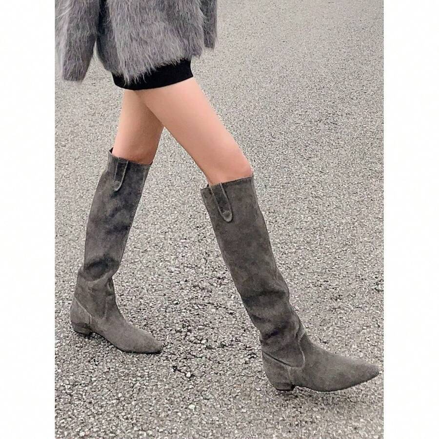 Side view of Women’s Slouchy Rider Boots - Low Heel, Wide Calf, Slim Fitting Knee-High Casual Boots for Comfort and Style for punk motorcycle boot styling