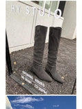 Back view of Women’s Slouchy Rider Boots - Low Heel, Wide Calf, Slim Fitting Knee-High Casual Boots for Comfort and Style for punk motorcycle boot styling
