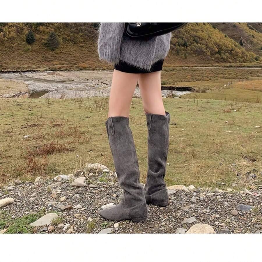 Ruched shaft view of Women’s Slouchy Rider Boots - Low Heel, Wide Calf, Slim Fitting Knee-High Casual Boots for Comfort and Style for punk motorcycle boot styling