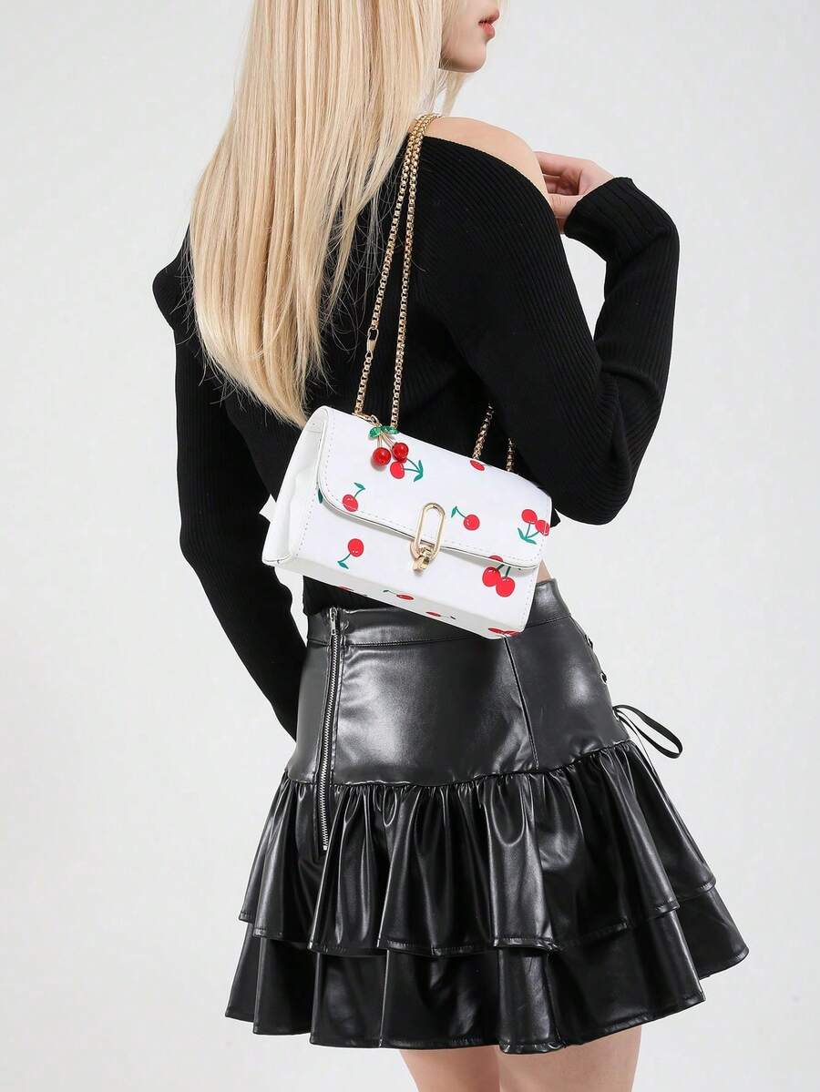 Image 12 - product view of Vintage Cherry Pattern Mini Square Shoulder Bag – Versatile Flap & Adjustable Chain for Stylish Daily Use