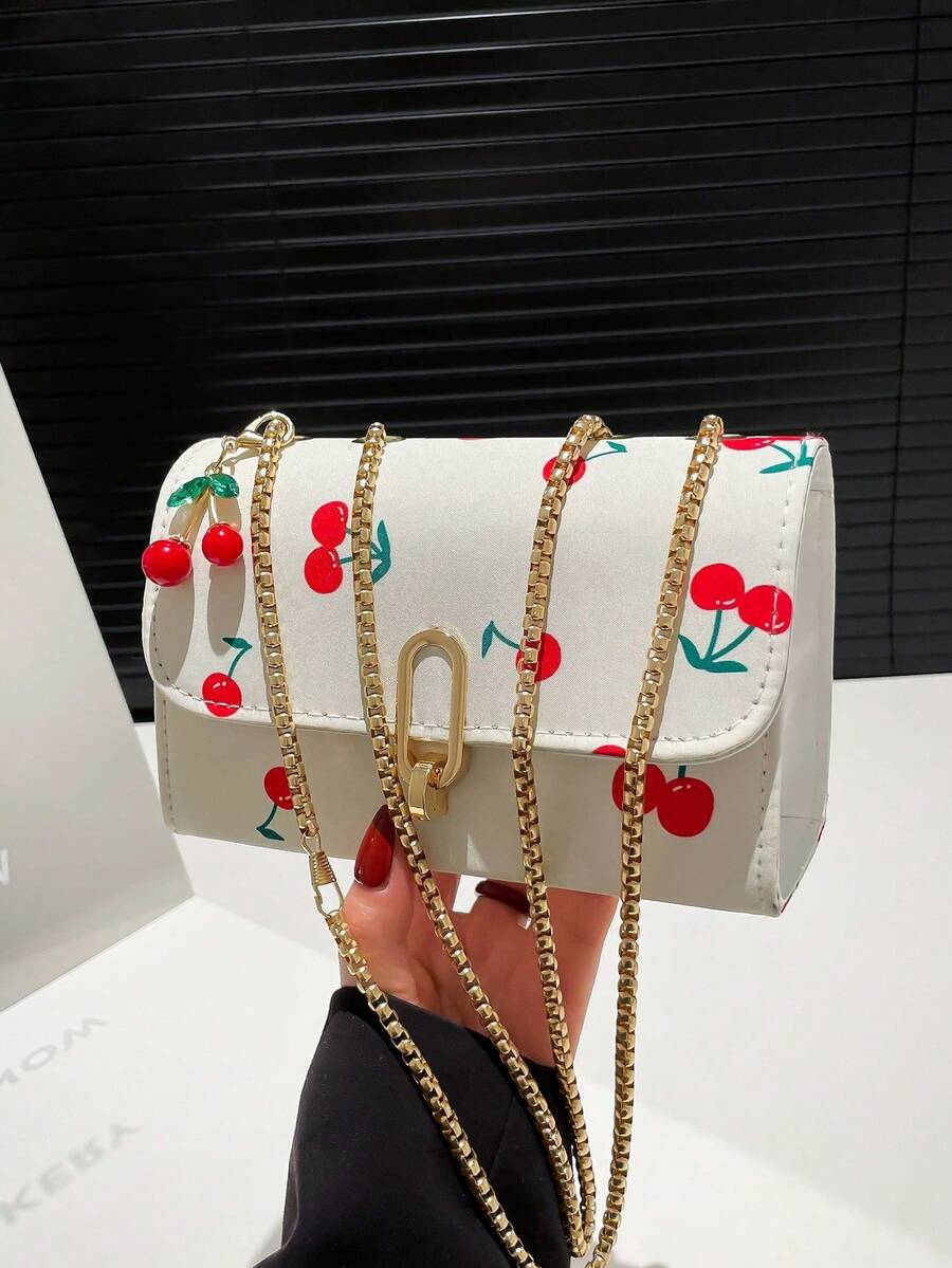 Image 9 - strap detail of Vintage Cherry Pattern Mini Square Shoulder Bag – Versatile Flap & Adjustable Chain for Stylish Daily Use