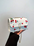 Image 10 - fit detail of Vintage Cherry Pattern Mini Square Shoulder Bag – Versatile Flap & Adjustable Chain for Stylish Daily Use
