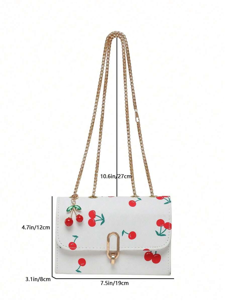 Image 11 - print detail of Vintage Cherry Pattern Mini Square Shoulder Bag – Versatile Flap & Adjustable Chain for Stylish Daily Use