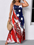 Front model view of plus size USA flag print sleeveless A-line maxi dress