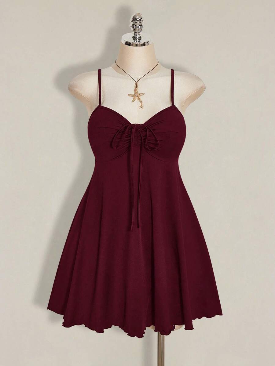 Front view of Chic Plus Size Solid Color Ruched Cami Dress with Front Tie for Women