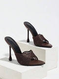 Brown leaf-lace pointed open-toe mule pair with flared stiletto heels