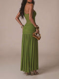 Retro French Olive Green Knit Asymmetric Bandeau Dress with Ruched Mesh and Metal Detail 