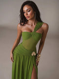 Retro French Olive Green Knit Asymmetric Bandeau Dress with Ruched Mesh and Metal Detail 