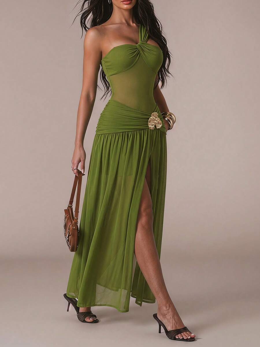 Retro French Olive Green Knit Asymmetric Bandeau Dress with Ruched Mesh and Metal Detail 