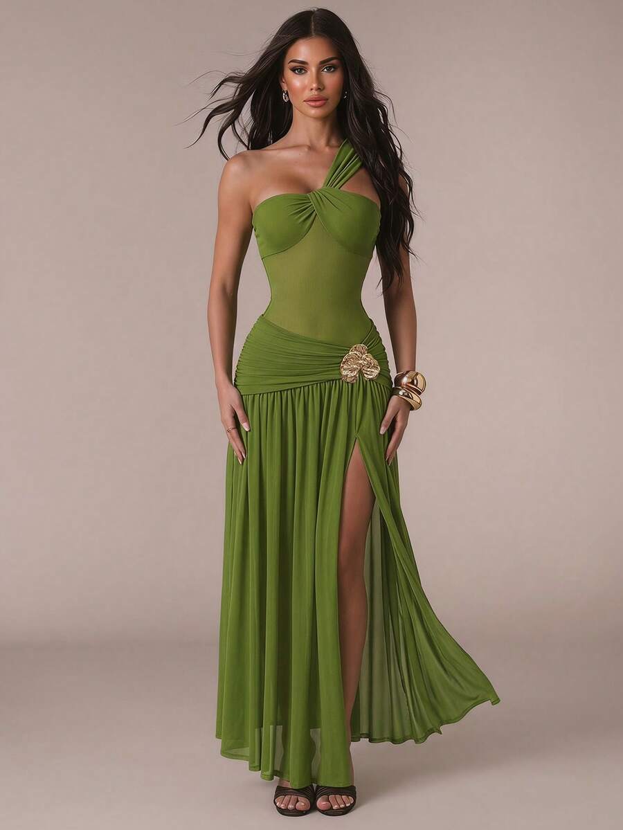 Retro French Olive Green Knit Asymmetric Bandeau Dress with Ruched Mesh and Metal Detail 
