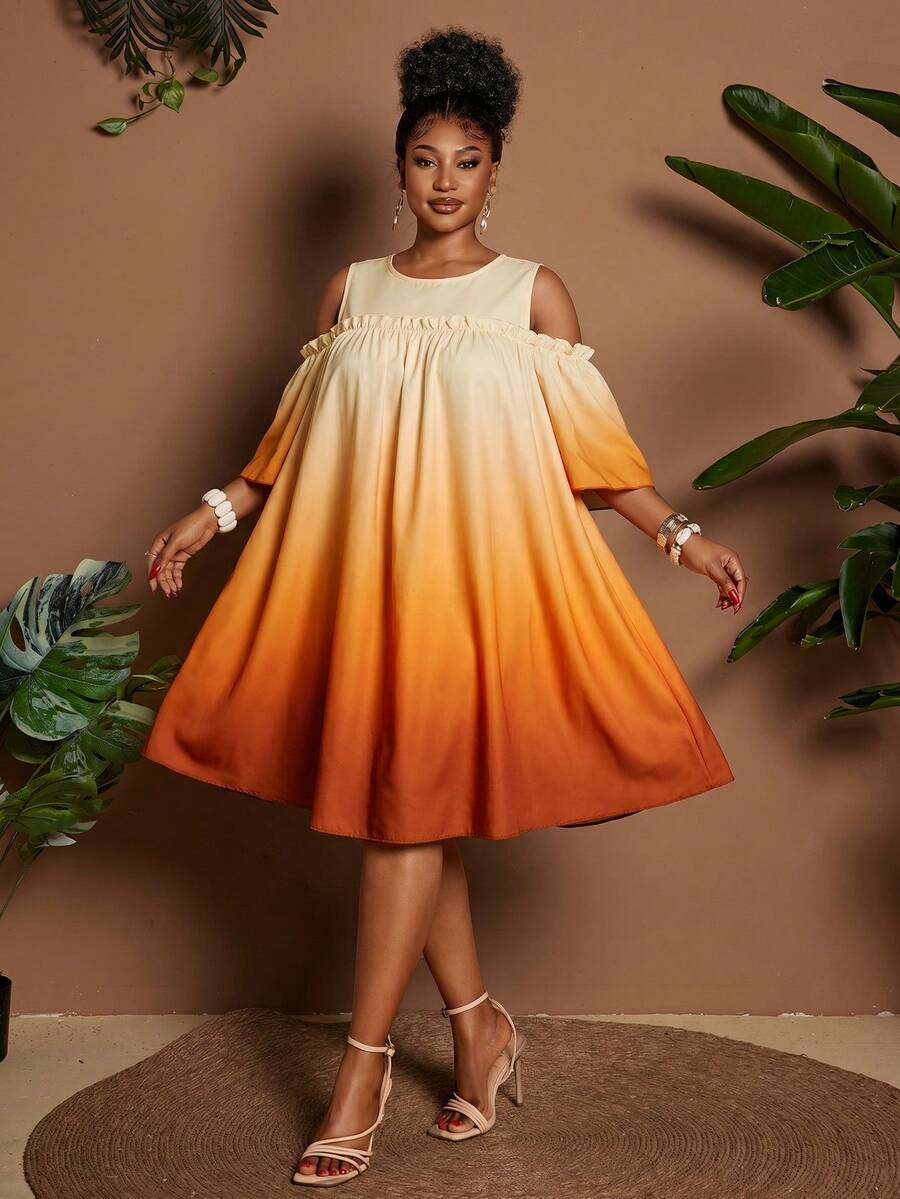Image 1 - front view of Plus Size Casual Off-Shoulder Mini Dress with Cute Cartoon Flower Print for Summer Holidays