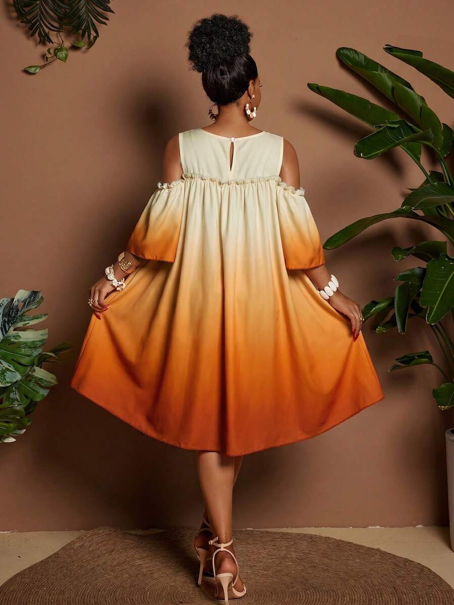 Image 1 - front view of Plus Size Casual Off-Shoulder Mini Dress with Cute Cartoon Flower Print for Summer Holidays
