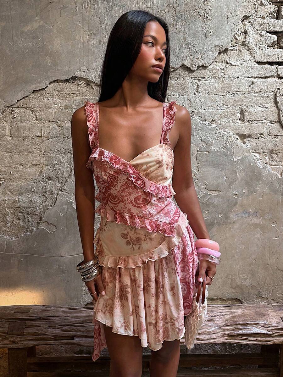 Rose red floral paisley ruffle strap mini dress with fitted bodice