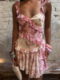 Rose red cami mini dress with sweetheart neckline and flounced hem