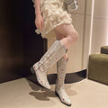 Back view of Vintage Embroidered Western Cowboy Boots for Women – Stylish Chunky Heel Knee-High Footwear for Fall & Winter 2026 for punk motorcycle boot styling