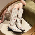 Heel view of Vintage Embroidered Western Cowboy Boots for Women – Stylish Chunky Heel Knee-High Footwear for Fall & Winter 2026 for punk motorcycle boot styling