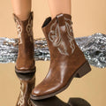 Side view of Chic Embroidered Cowboy Boots for Women - Versatile Mid-Calf Style with Chunky Heels for punk motorcycle boot styling