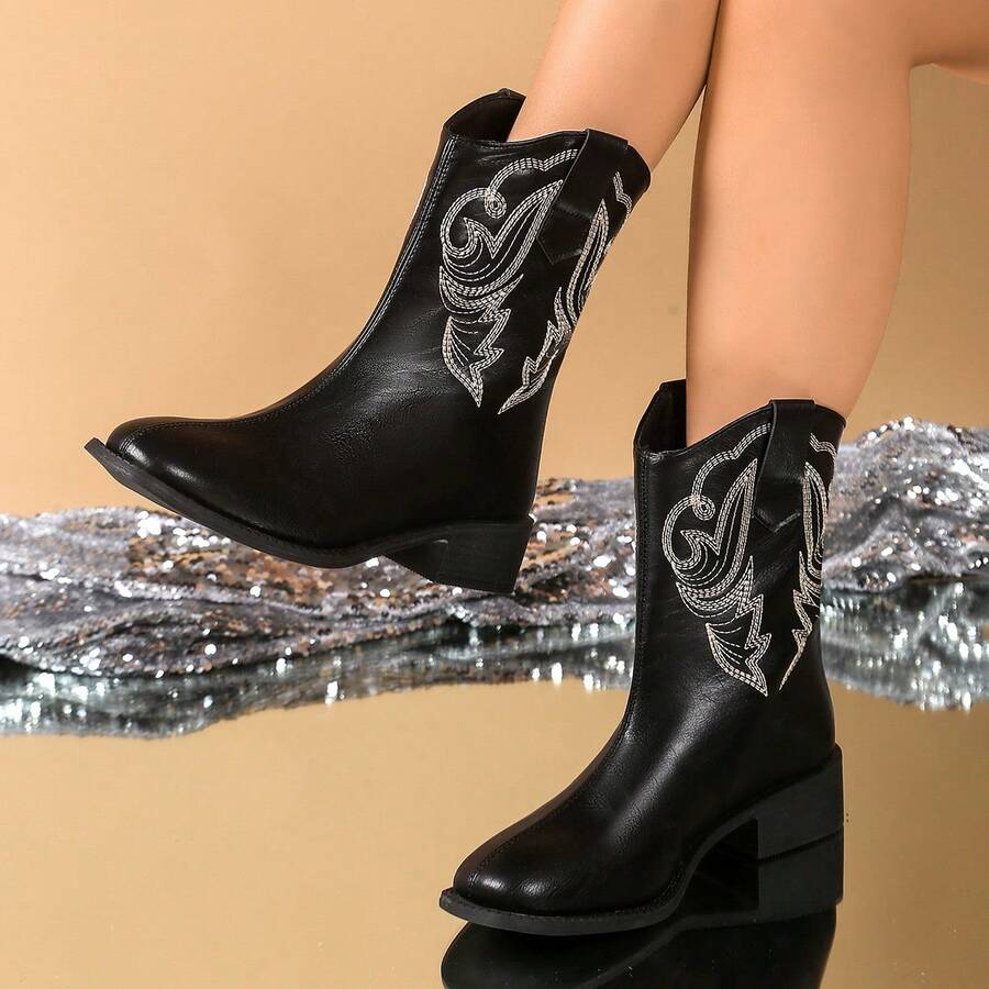 Back view of Chic Embroidered Cowboy Boots for Women - Versatile Mid-Calf Style with Chunky Heels for punk motorcycle boot styling