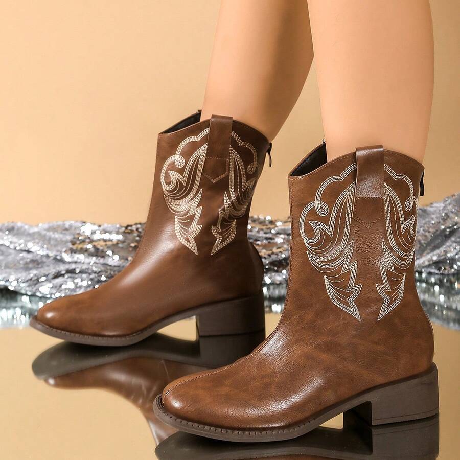 Heel view of Chic Embroidered Cowboy Boots for Women - Versatile Mid-Calf Style with Chunky Heels for punk motorcycle boot styling