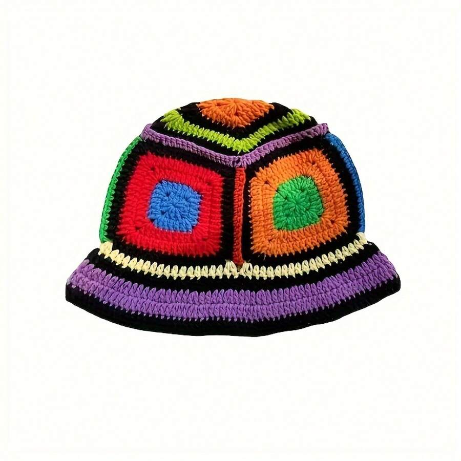 Multicolor granny square crochet bucket hat with black borders and purple brim