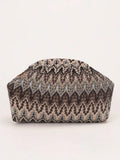 Front product view black taupe cream leaf print pleated clutch with rounded rectangular shape