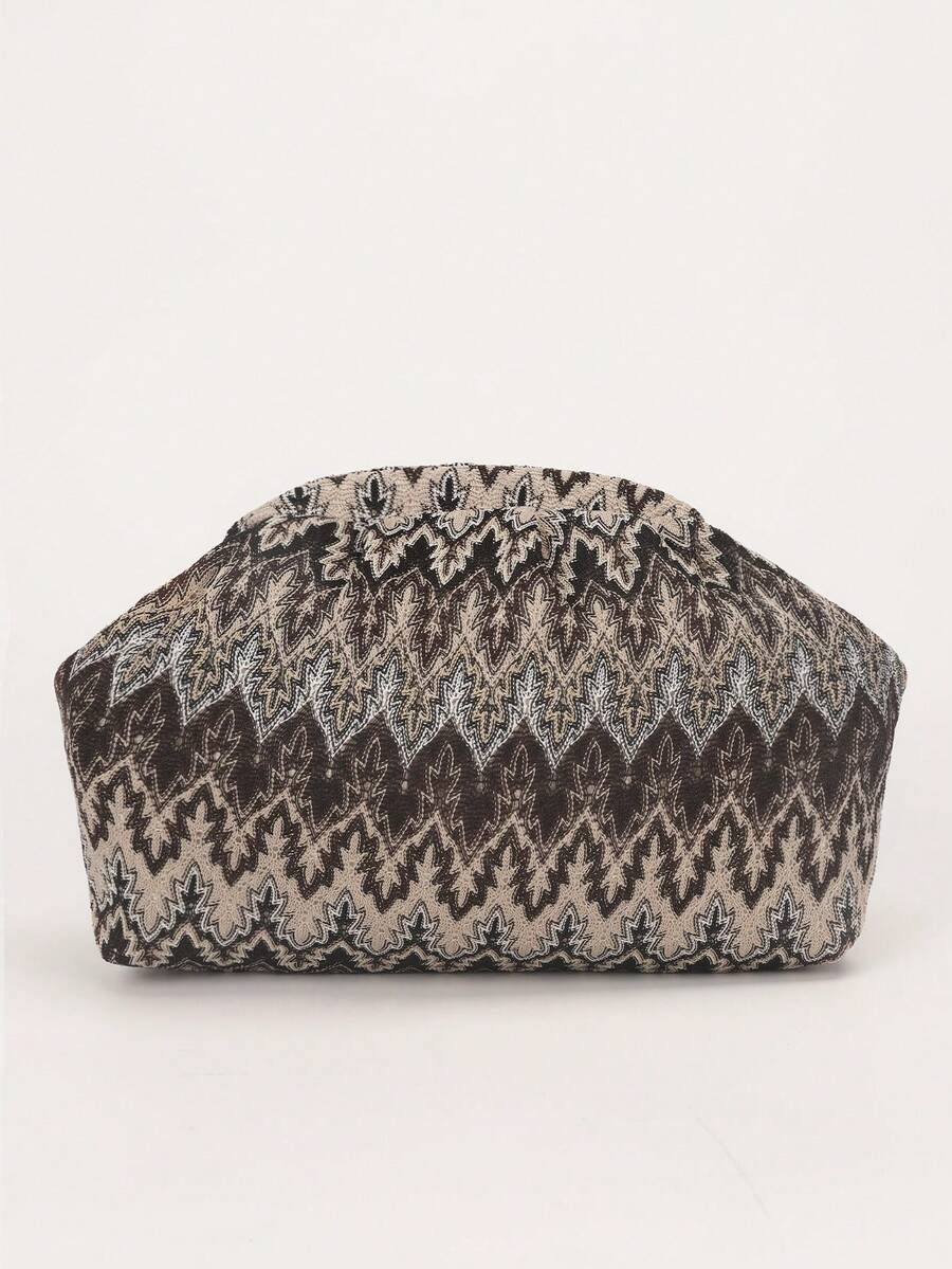 Front product view black taupe cream leaf print pleated clutch with rounded rectangular shape