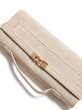 Beige square clutch bag with flap front and contrast stitching