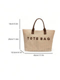 Lifestyle chair view of beige woven beach tote bag with brown faux leather handles