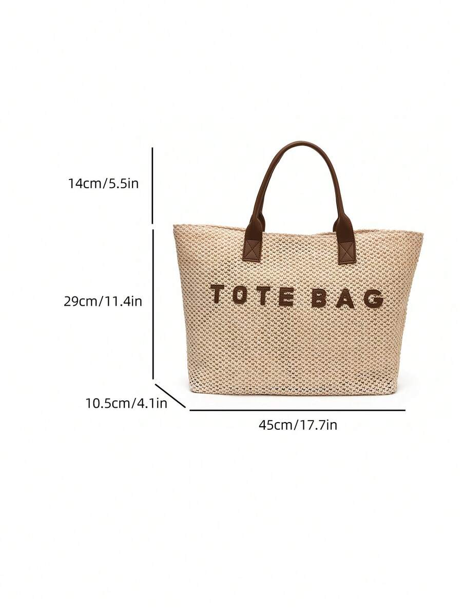 Lifestyle chair view of beige woven beach tote bag with brown faux leather handles