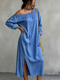 Front view of blue off shoulder denim midi dress with long sleeves and slit