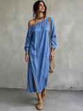 Full front view of asymmetrical off shoulder blue denim dress with relaxed fit