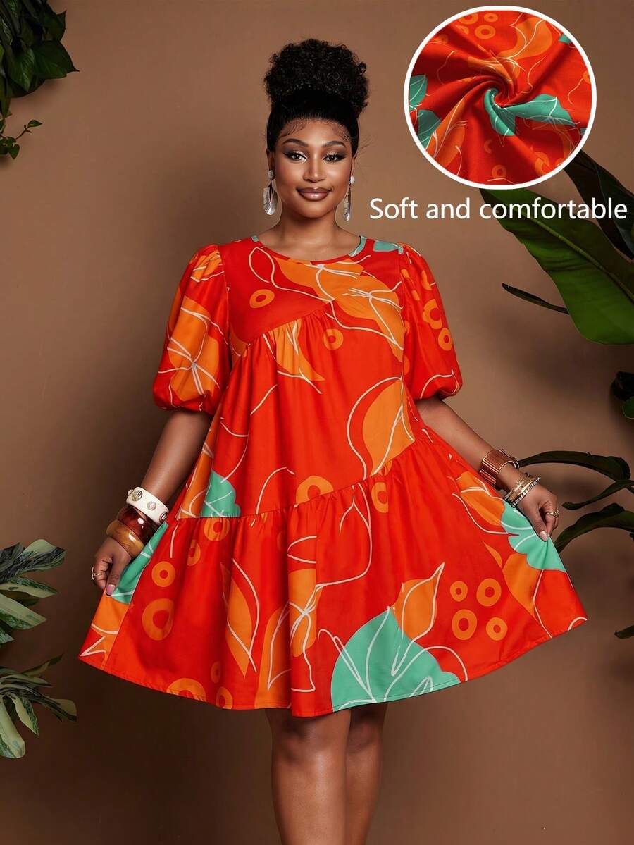 Image 1 - front view of Chic Plus Size Women's Summer Travel Dress with Lantern Sleeves and Ruched A-Line Design