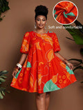 Image 1 - front view of Chic Plus Size Women's Summer Travel Dress with Lantern Sleeves and Ruched A-Line Design