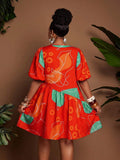 Image 2 - side profile of Chic Plus Size Women's Summer Travel Dress with Lantern Sleeves and Ruched A-Line Design