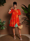 Image 3 - back view of Chic Plus Size Women's Summer Travel Dress with Lantern Sleeves and Ruched A-Line Design