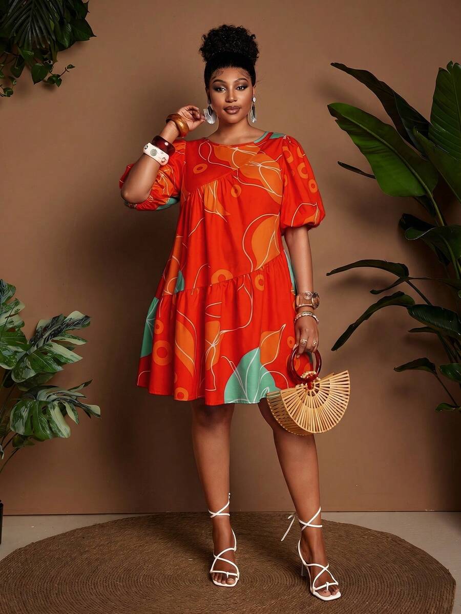 Image 3 - back view of Chic Plus Size Women's Summer Travel Dress with Lantern Sleeves and Ruched A-Line Design