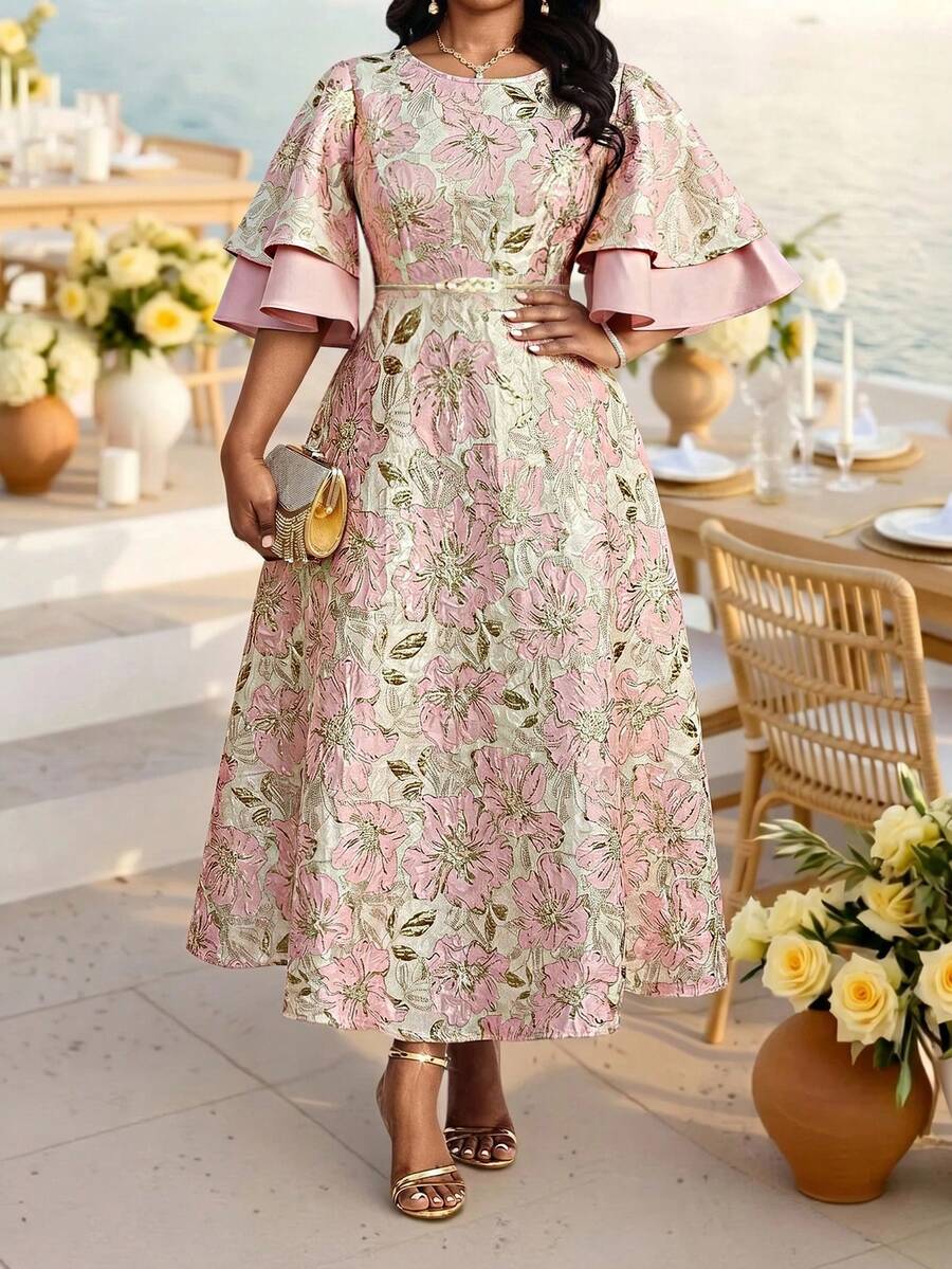 Image 1 - front view of Elegant Plus Size Coral Pink Floral Midi Dress with Flounce Sleeves - Perfect for Weddings and Parties