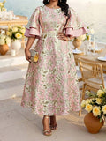 Image 1 - front view of Elegant Plus Size Coral Pink Floral Midi Dress with Flounce Sleeves - Perfect for Weddings and Parties