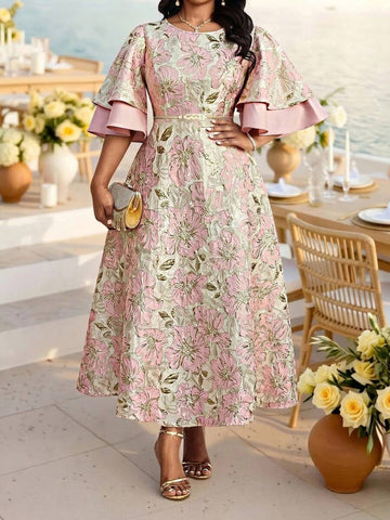 Image 1 - front view of Elegant Plus Size Coral Pink Floral Midi Dress with Flounce Sleeves - Perfect for Weddings and Parties