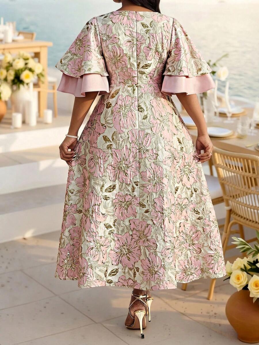 Image 1 - front view of Elegant Plus Size Coral Pink Floral Midi Dress with Flounce Sleeves - Perfect for Weddings and Parties
