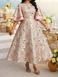 Image 3 - back view of Elegant Plus Size Coral Pink Floral Midi Dress with Flounce Sleeves - Perfect for Weddings and Parties