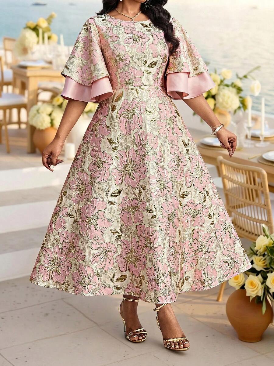 Image 3 - back view of Elegant Plus Size Coral Pink Floral Midi Dress with Flounce Sleeves - Perfect for Weddings and Parties
